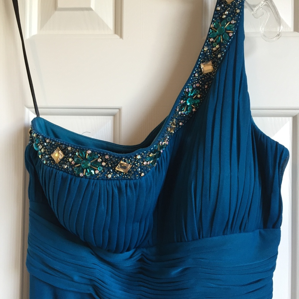 Xscape Teal Long Dress with Jeweled Neckline